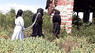 This stunning girl gets her punishment from two kinky dudes