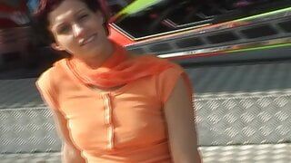 Stunning German slut dildoing her pierced muff in the luna park